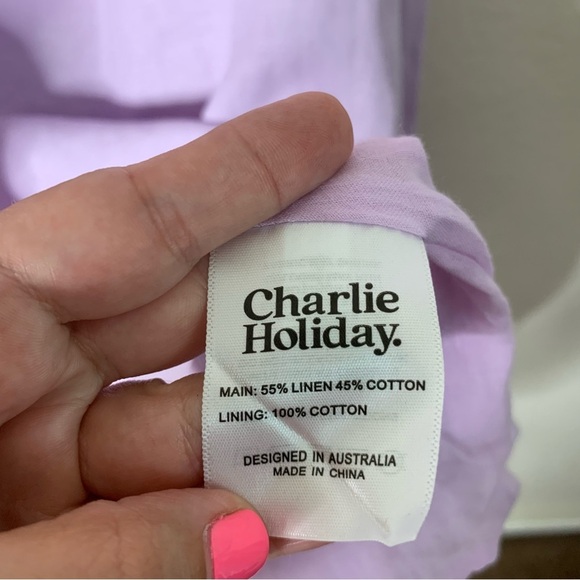 Charlie Holiday Womens purple linen cotton puff sleeve cut out midi dress 8 - Picture 8 of 10